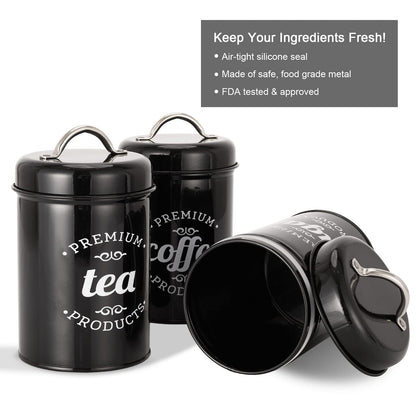 3 Piece Black Food Jars Canisters Sets, Airtight Coffee Container, Tea Organizer, And Sugar Canister, Rustic Farmhouse Decor for Kitchen Countertop