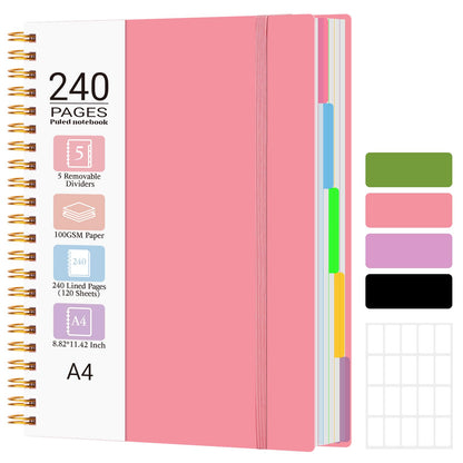 Spiral Notebook 8.8" x 11.4", 5 Subject Notebooks College Ruled with Tabs and Removable Dividers, Large A4 240 Pages 100GSM Thick Spiral Writing Journal Notebooks for Work, School (Pink)