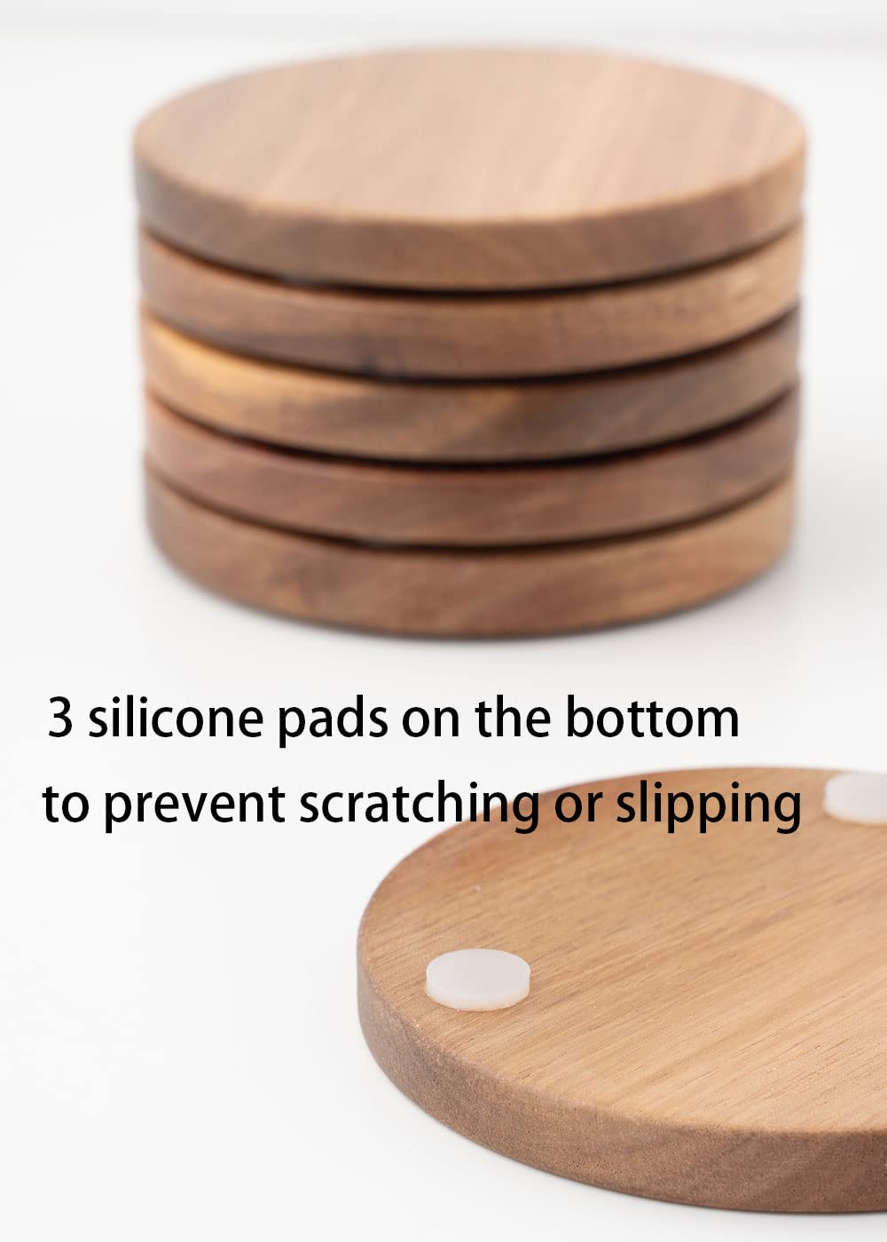 Wood Coasters for Drinks Tabletop Protection with Holder Set of 6, Acacia Wooden Coasters for Coffee Table Dining Table Desk Round with Non-Slip Pad Cup Coasters for Home Office Christmas Decor 4 Inch