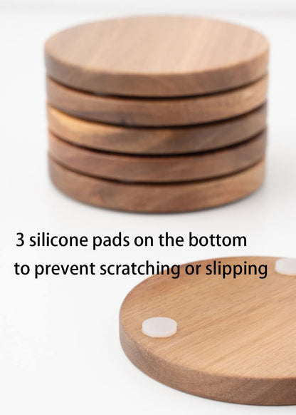 Wood Coasters for Drinks Tabletop Protection with Holder Set of 6, Acacia Wooden Coasters for Coffee Table Dining Table Desk Round with Non-Slip Pad Cup Coasters for Home Office Christmas Decor 4 Inch