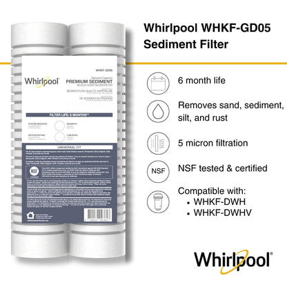 Whirlpool 10" x 2.5" Whole Home Standard Capacity Sediment Filters WHKF-GD05, 5 Micron, 6-Month Filter Life, Reduces Sediment, Sand, Soil, Silt & Rust, for Standard Filter housings, 2-Pack