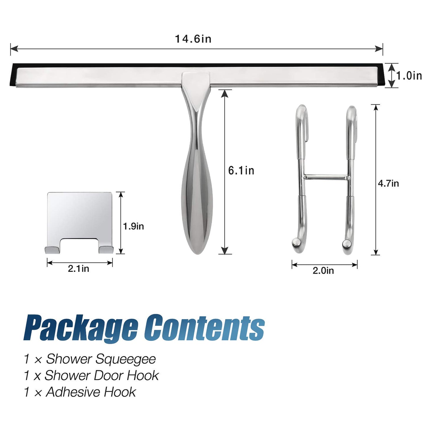 Simtive 14-Inch Shower Squeegee Set, Includes Shower Door Hook and Adhesive Hook, Squeegee for Shower Doors, Mirror and Window, Silver