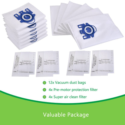 12 Pack Dust Bag Compatible with GN Classic C1 Complete C1 C2 C3 S227 S240 S270 S400 S2 S5 S8 Series Canisters Vacuum Cleaner,4 Motor Protection,4 AirClean Filters