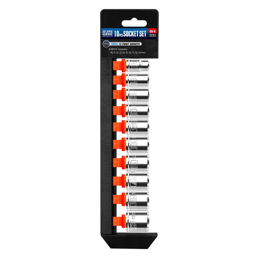 3/8 Inch Drive Socket Set - 10 Piece Metric 12-Point Shallow Socket Set (10mm, 11mm, 12mm, 13mm, 14mm, 15mm, 16mm, 17mm, 19mm, 22mm), Chrome Vanadium Steel