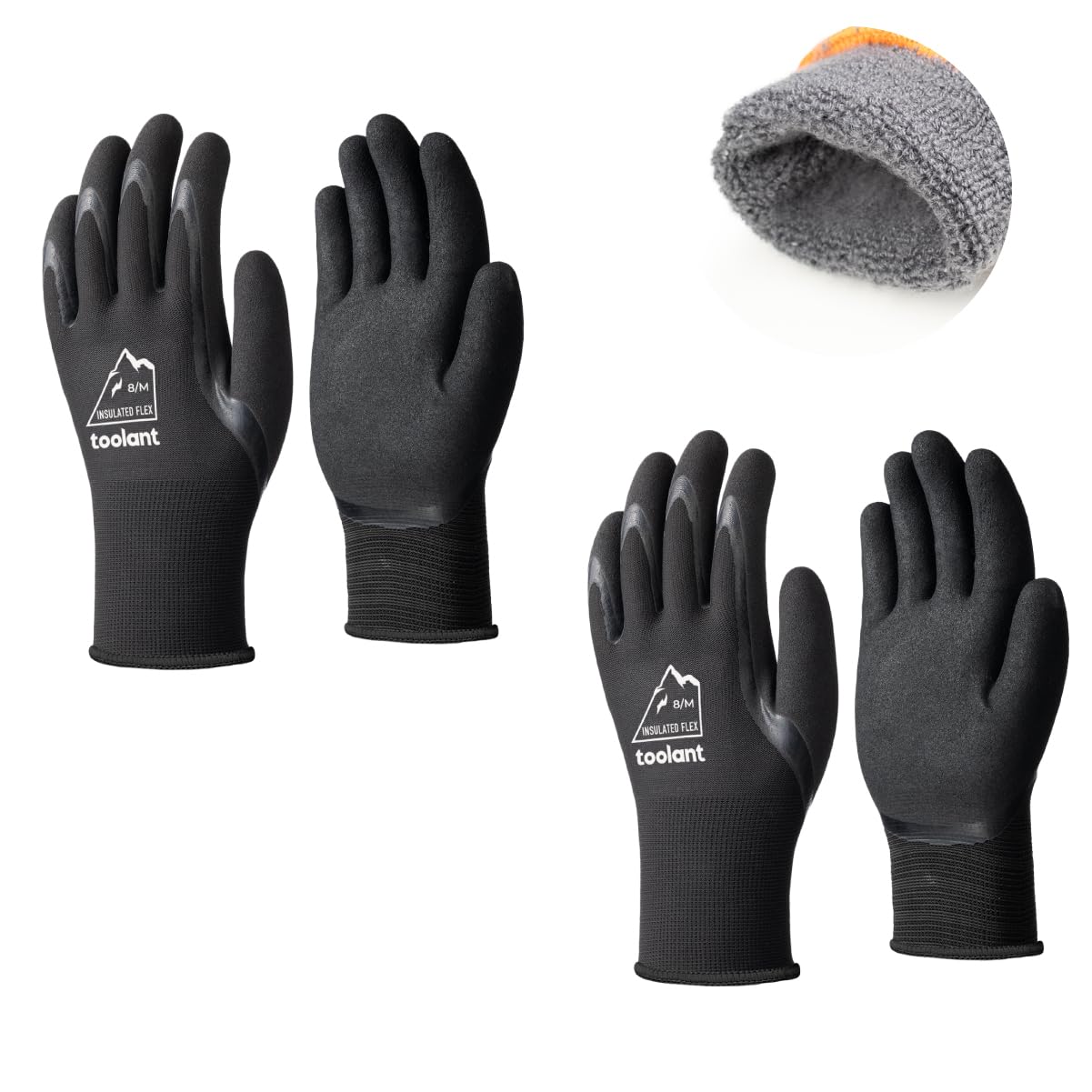 toolant 2 Pairs Winter Work Gloves for Men & Women, Freezer Gloves with Dual-Layer Sandy Latex, Super Durable & Grip, Insulated Liner for Cold Weather, Touchscreen, L, Black