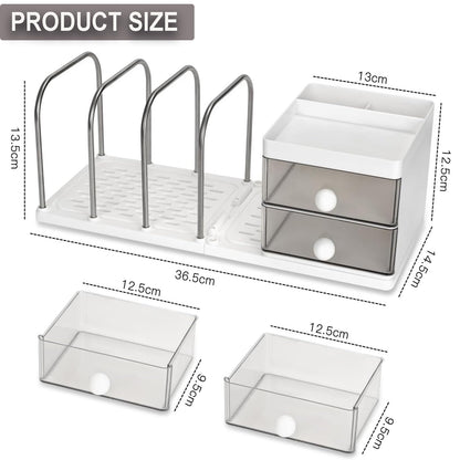 Desk Organiser with File Holder & Drawers, Versatile Desk Tidy Stationery Storage Pen Holder, Large Capacity Desktop Organizer for School Office Home (White)