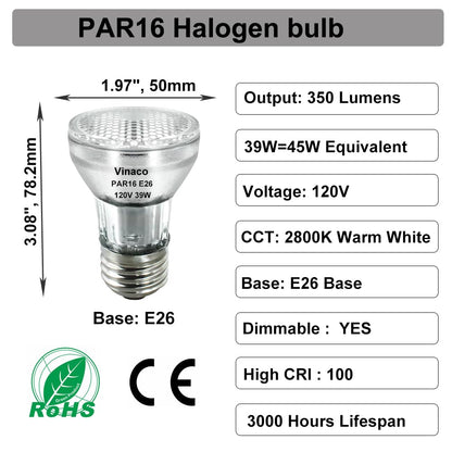Vinaco PAR16 Halogen Bulb 39 Watt, 6 Pack High Output 350LM PAR16 Bulb（45w Equivalent, PAR 16 Flood 45W Warm White 2800K, PAR16 Dimmable with E26 Base, Halogen 45W PAR16 Long Neck for Ceiling Light