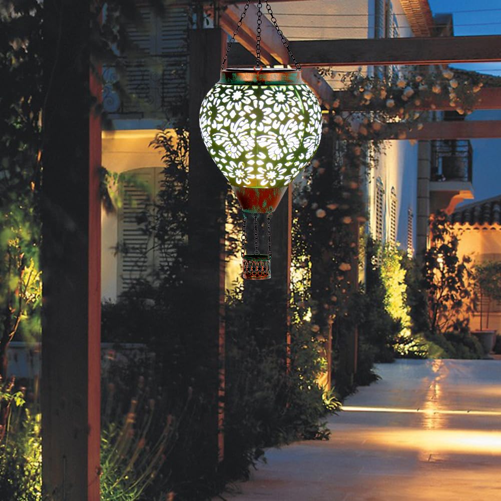 Stargarden Hot Air Balloon Solar Lantern, Butterfly Hollow Out Metal Hot Air Balloon Decorations, Green Hanging Solar Lantern, Waterproof Outdoor Lights for Porch Decor