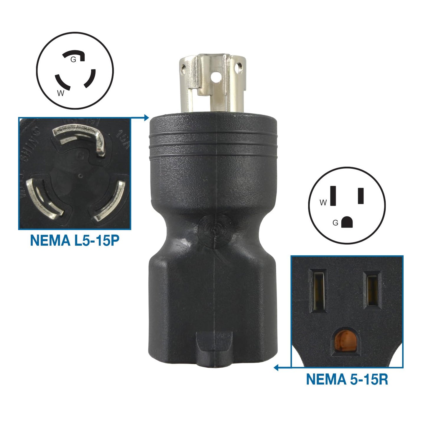 Conntek 30120, 15 to 15-Amp Locking Adapter with NEMA L5-15P male plug to 5-15R female connector
