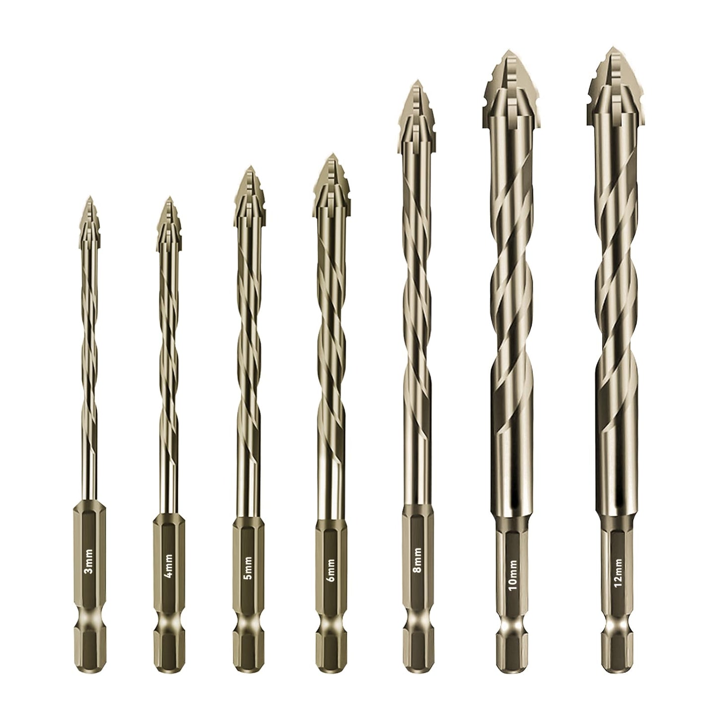 Four-Flute Sawtooth Eccentric Drill Bit, Multifunction Drill Bit Set High Hardness Skewed Head Eccentric Drill (Yellow,7PC: 3/4/5/6/8/10/12MM)