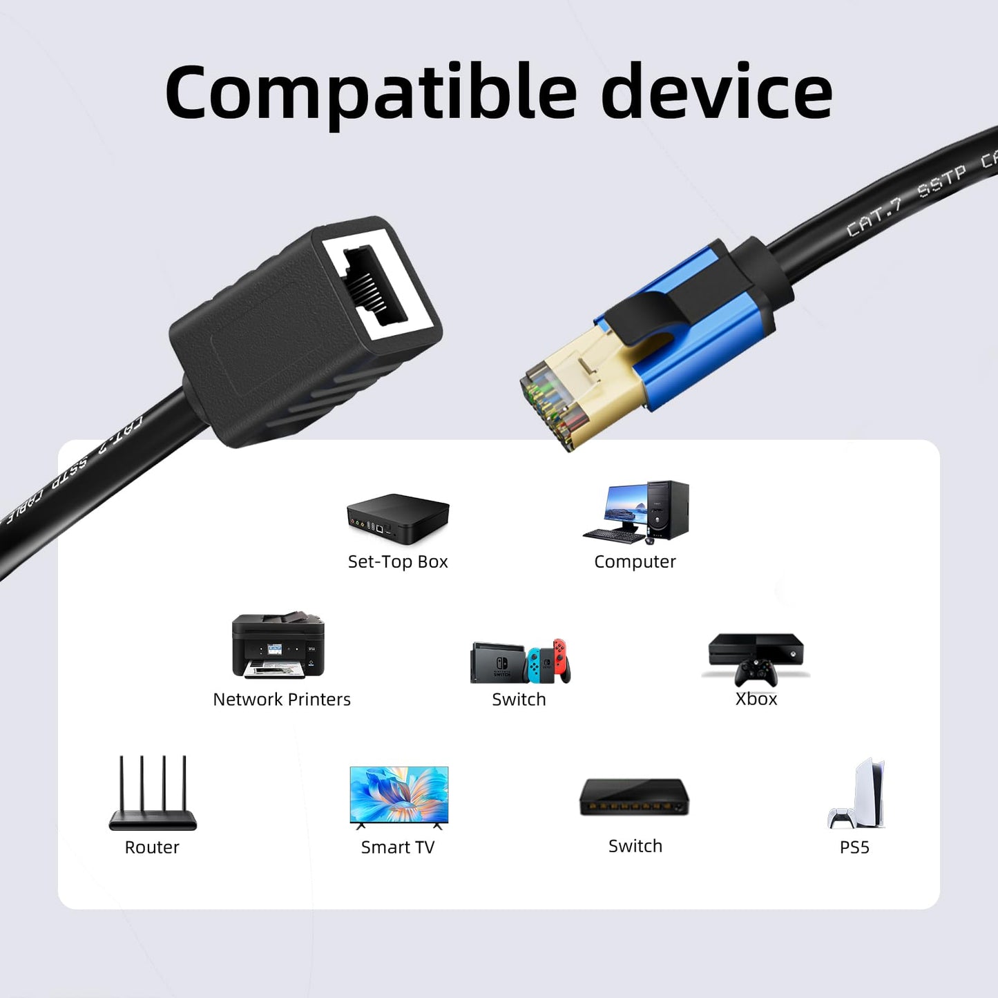 Abireiv Cat7 Internet Extension Cable: Gold Plated RJ45 Male to Female (30ft) for Family Room Office