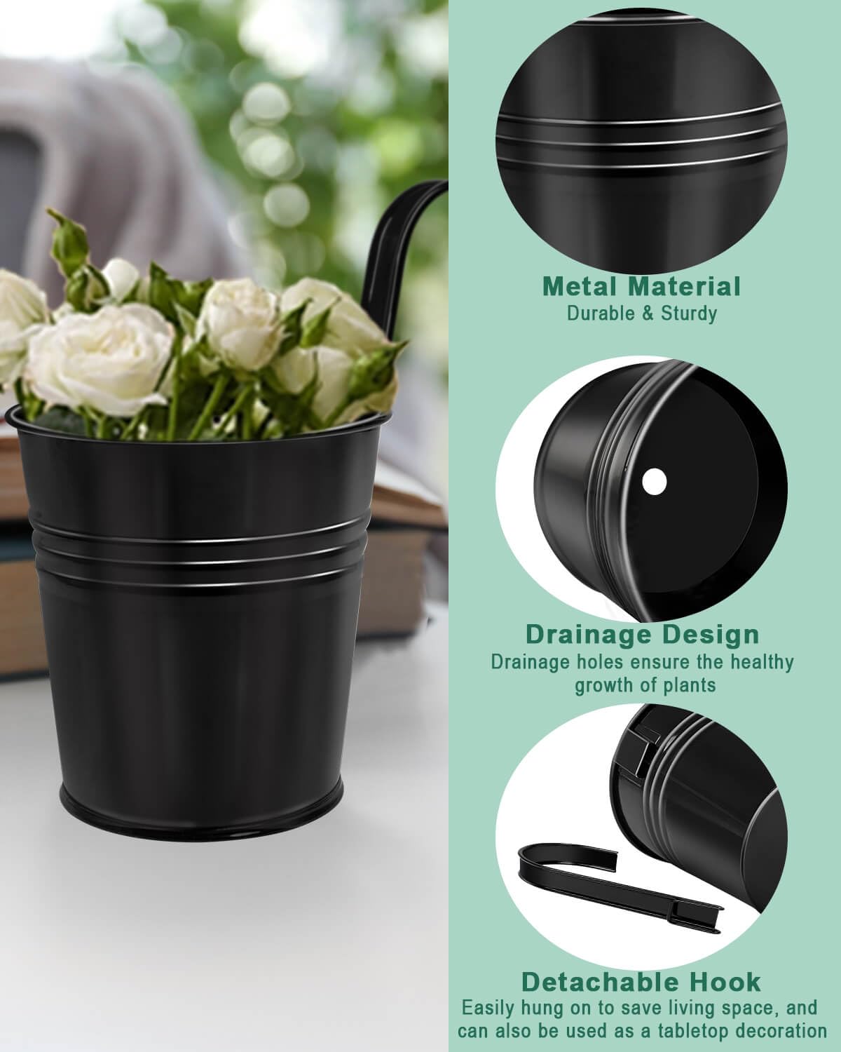 10 CM Small Metal Hanging Flower Pot Indoor - 12 Pcs Round Metal Iron Buckets with Detachable Hooks and Drainage Holes Hanging Herb Planter for Railing Fence Outdoor Balcony Garden Patio Decor, Black