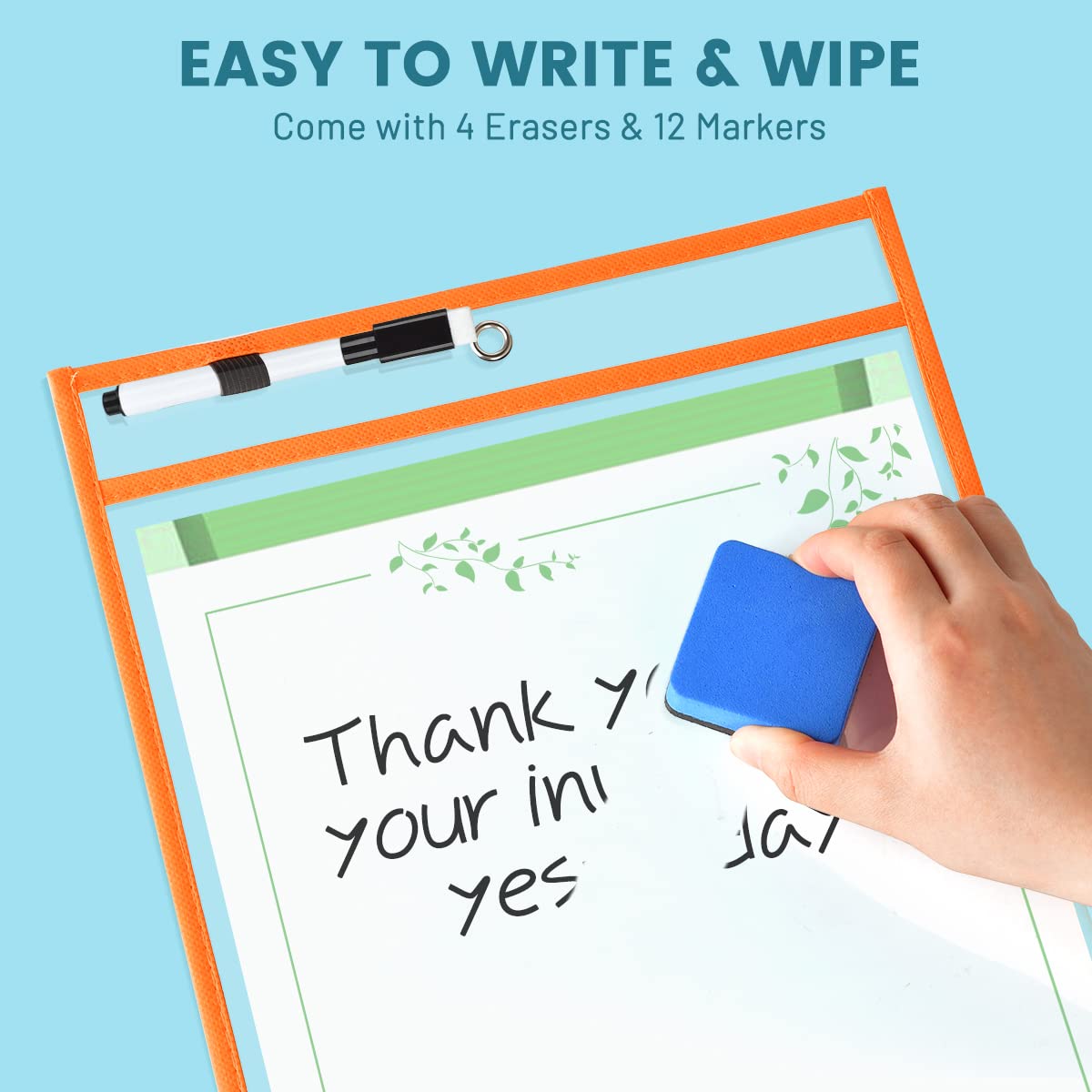 30 Pcs Reusable Dry Erase Pockets Sleeves,10" x 14" Clear Plastic Sheet Protectors with 12 Pens,4 Erasers for Classroom School Office Supplies,10 Colors