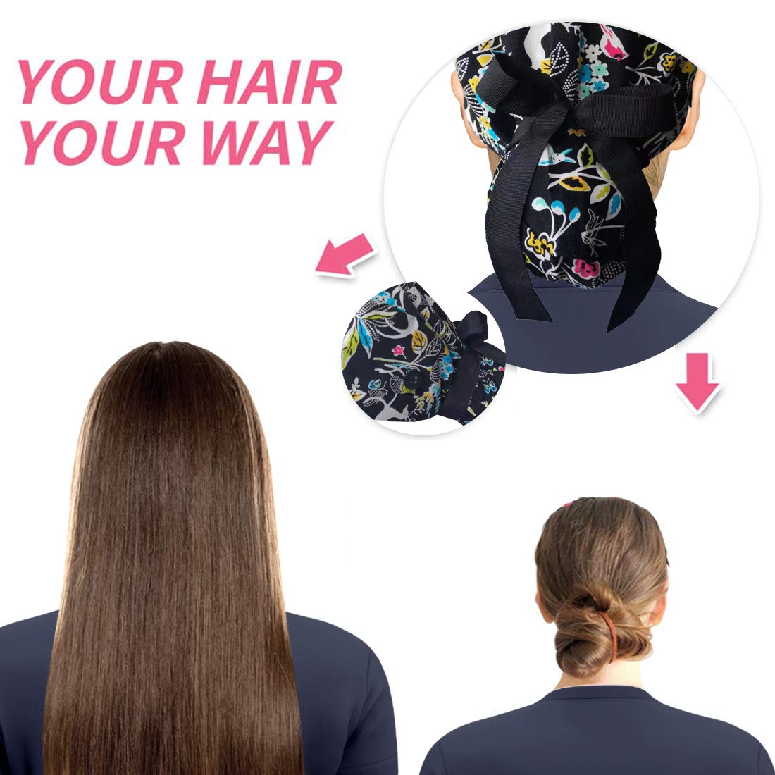 ATHPIK Satin-Lined Surgical Scrub Caps for Nurses/Doctors with Long Hair –Breathable Cotton Surgeon Cap for Healthcare Professionals（Black/Little Pink Rose