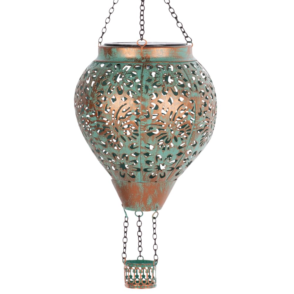 Stargarden Hot Air Balloon Solar Lantern, Butterfly Hollow Out Metal Hot Air Balloon Decorations, Green Hanging Solar Lantern, Waterproof Outdoor Lights for Porch Decor