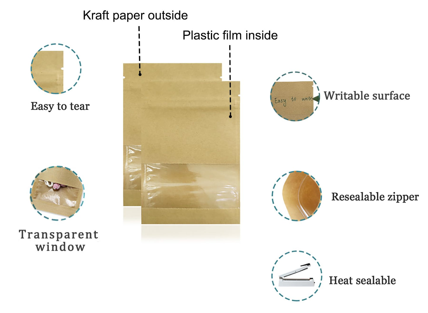 WACCOMT Pack Kraft Paper Small Seed Packets Resealable Bags Seeds Envelopes Garden Collecting for Flower Vegetable Storage with Clear Window Zipper Heat Seal Packaging (100, 9x13cm(3.54x5.12 inch))