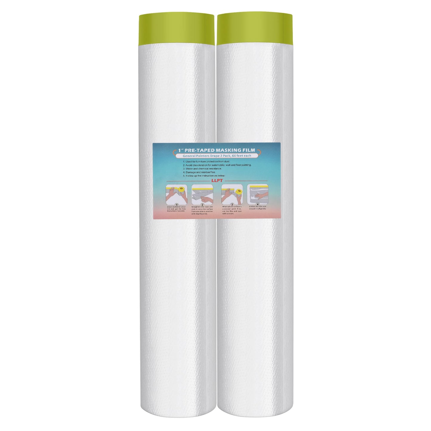 LLPT Tape and Drape 106.3”(Unfolded) x 66 Ft Each 2 Pack Pre-Taped Masking Film 0.31 Mil Painters Plastic Drop Cloth for Auto Wall Furniture Painting Protection (MFTG2720)