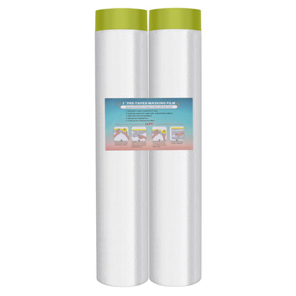 LLPT Tape and Drape 106.3”(Unfolded) x 66 Ft Each 2 Pack Pre-Taped Masking Film 0.31 Mil Painters Plastic Drop Cloth for Auto Wall Furniture Painting Protection (MFTG2720)