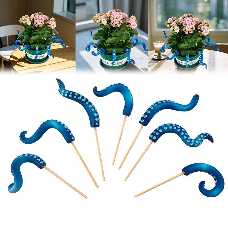 7PCS Octopus Tentacle Wooden Plant Stakes – Various Shaped Decorative Garden Stakes for Indoor/Outdoor Use. (Blue)