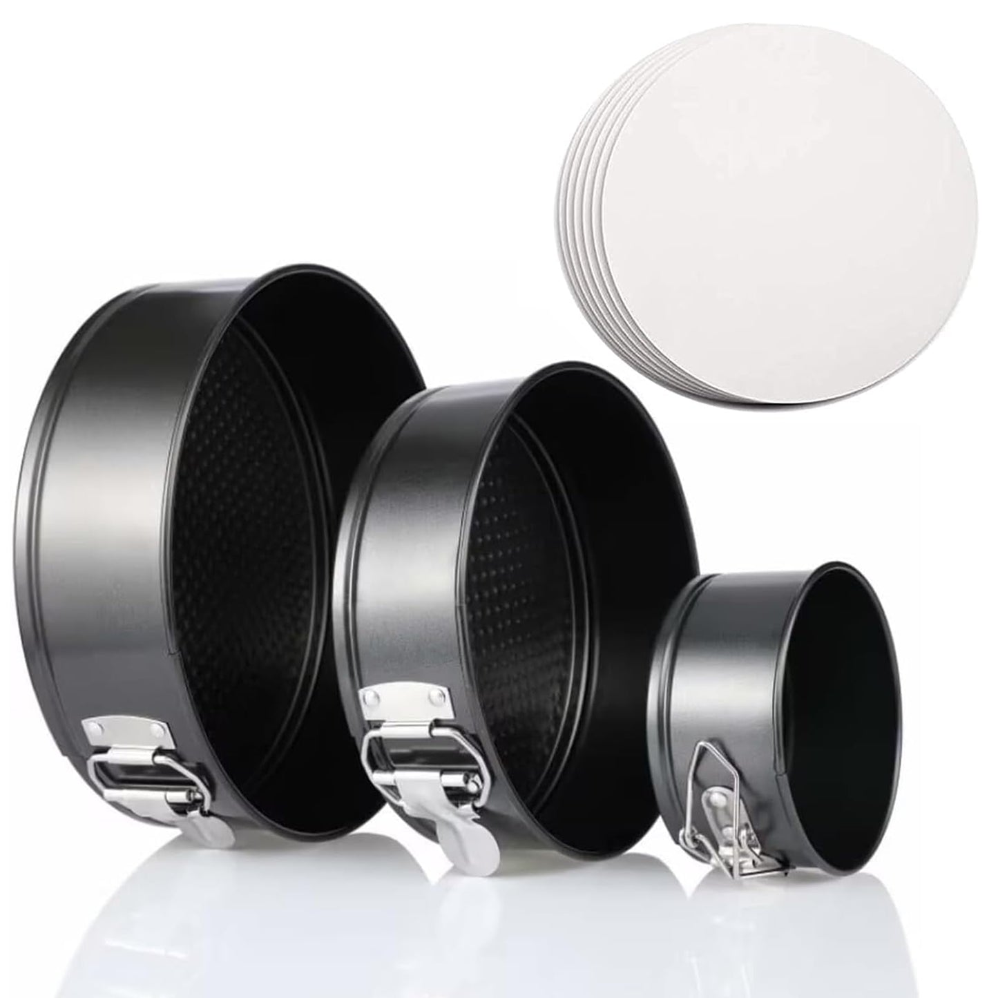 3Pcs Springform Pan Set, 4"/7"/9" Non-Stick Cheesecake Pan, Leakproof Round Cake Pan,Removable Bottom Quick Release Latch Moulds for Birthday Cake,Gift Free 50 Pcs Cake Paper