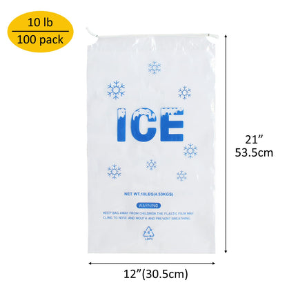 Belinlen 100 Pack 10 lb. Plastic Drawstring Ice Bags 12 x 21 Inch Heavy-Duty Plastic Ice Bags with Cotton Draw String (2mil Thickness)