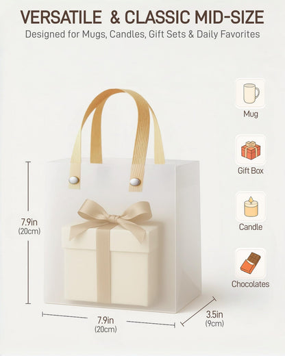 Clear Gift Bags with Handles 20 Pack | Semi-Transparent Favor Bags Frosted Loot Bags Medium Gift Bags | Reusable Plastic Goodie Treat Bags for Wedding, Birthday Party, Baby Shower & Small Business Boutique | 7.9x7.9x3.5in Mid-Size