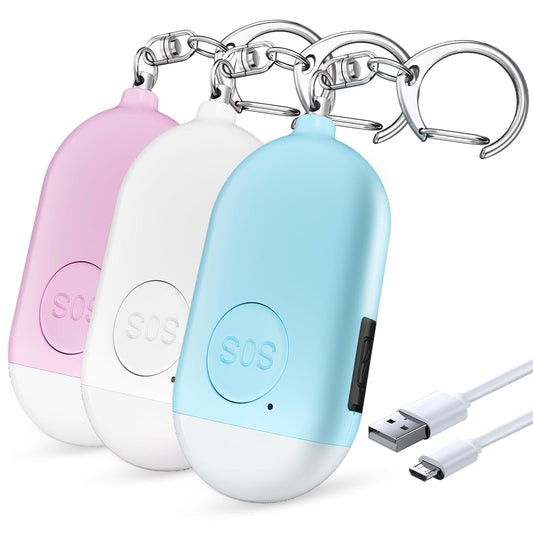 Safesound Personal Alarm Siren Song 3-Pack - 130dB Self Defense Alarm Keychian Rechargeable with Emergency LED Flashlight - Security Personal Protection Devices (3)