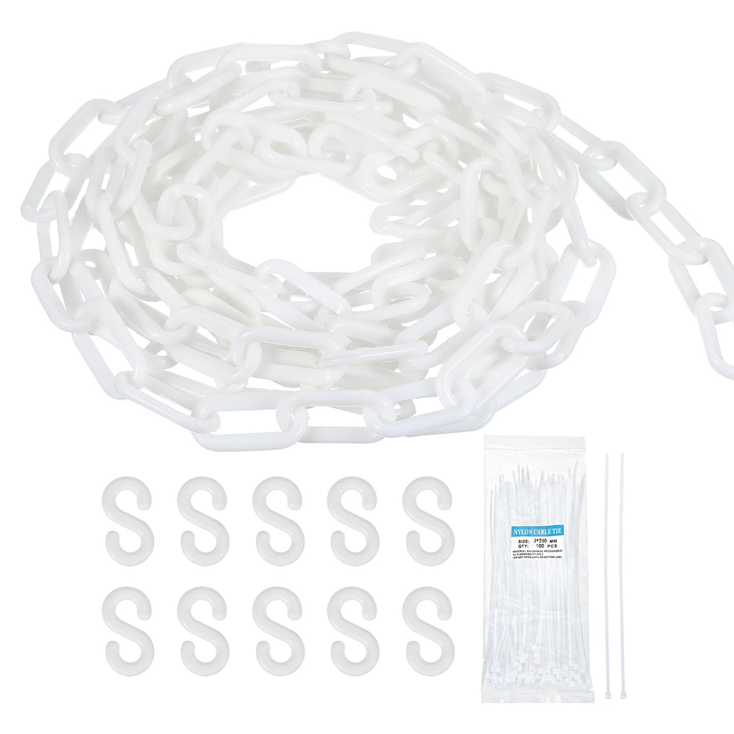 MECCANIXITY Plastic Chain 50 FT/15.5 M, Safety Chain White Plastic Chain Link Barrier with Zip Ties and S-Hooks for Crowd Control Queue Line Fence Decoration