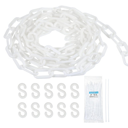 MECCANIXITY Plastic Chain 50 FT/15.5 M, Safety Chain White Plastic Chain Link Barrier with Zip Ties and S-Hooks for Crowd Control Queue Line Fence Decoration