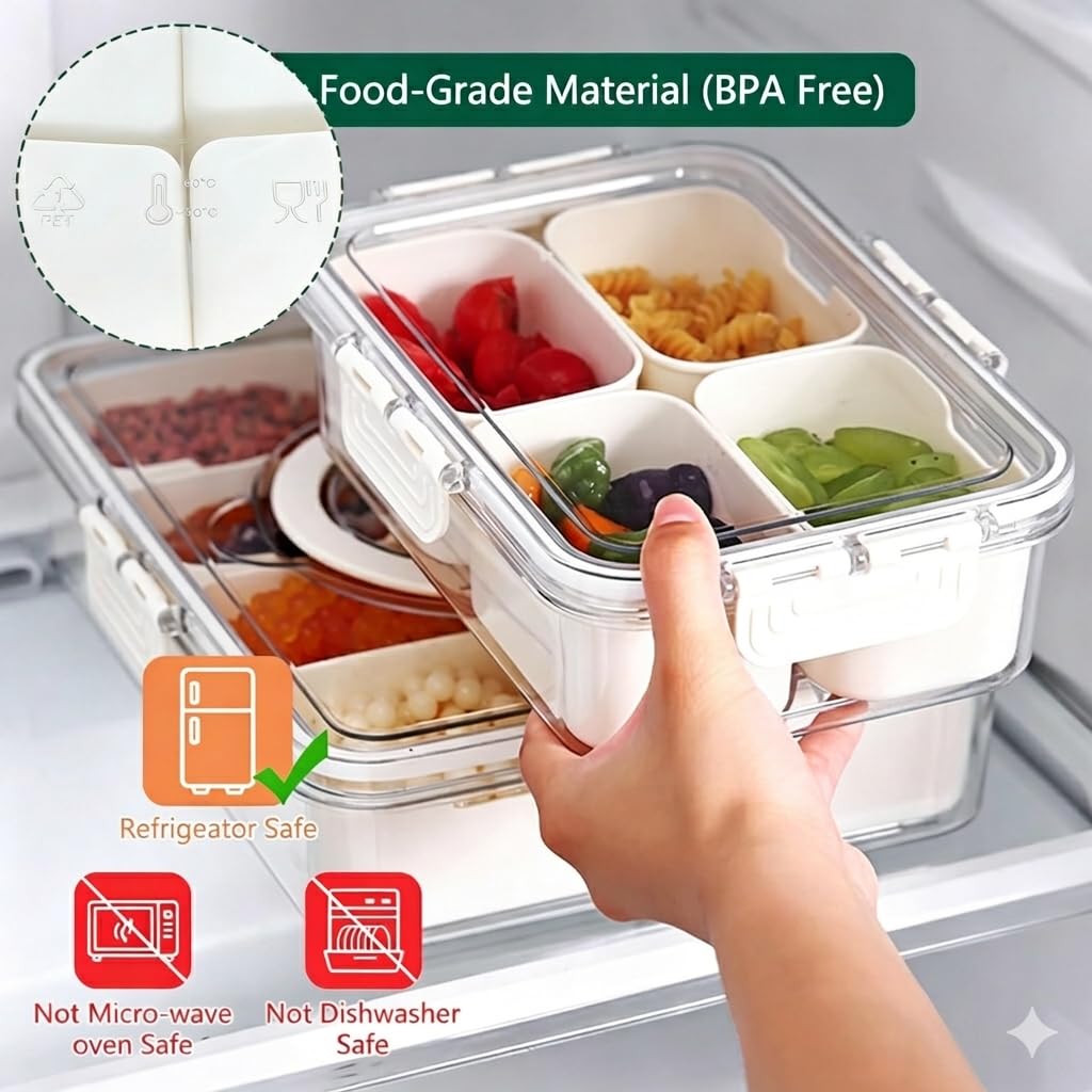 Small Snackle Box Container, Divided Serving Tray with Lid, 4 Compartment Snack Box Container for Candy, Fruits, Charcuterie, Travel & Parties, BPA-Free