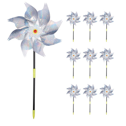 10PCS Large Reflective Birds Repellent Windmills, ALYCLIP Silver Hanging Windmills Sparkly Deterrent Kit for Driving Away Pigeons Birds, Easy to Install - Silver