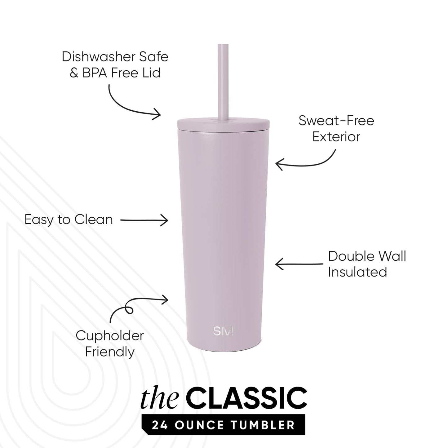 Simple Modern Insulated Tumbler with Straw and Lid | Iced Coffee Cup Reusable Stainless Steel Water Bottle Travel Mug | Gifts for Women & Men | Classic Collection | 24oz | Lavender Mist