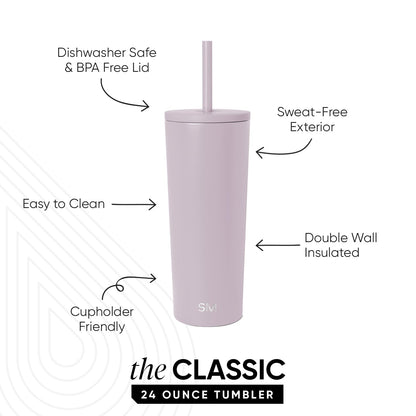 Simple Modern Insulated Tumbler with Straw and Lid | Iced Coffee Cup Reusable Stainless Steel Water Bottle Travel Mug | Gifts for Women & Men | Classic Collection | 24oz | Lavender Mist