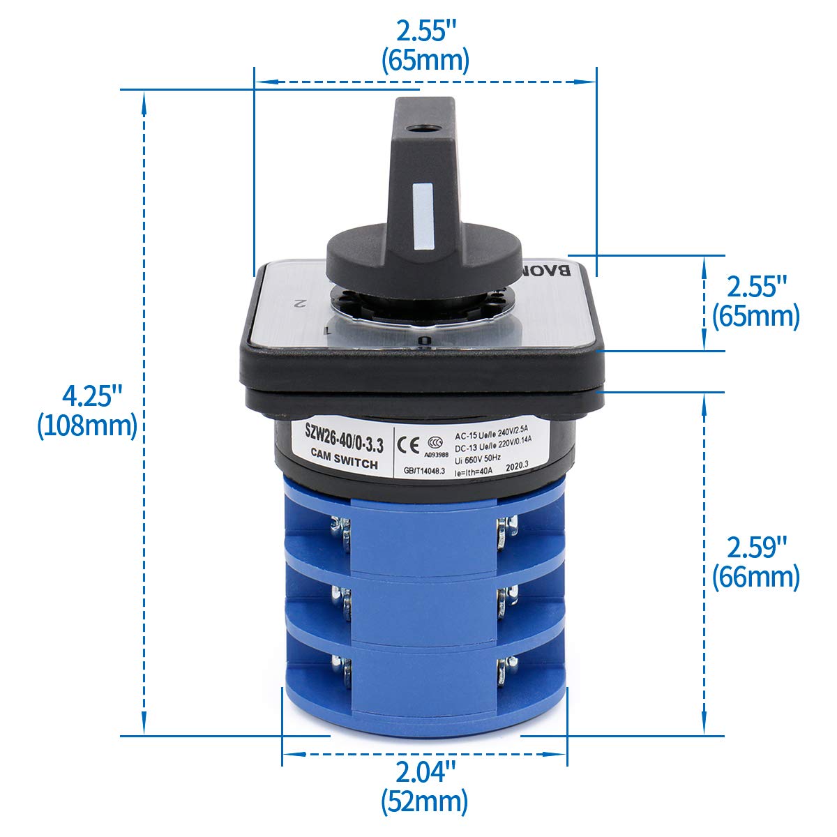 Baomain 40A Changeover Control Switch, 660V 4 Positions 12 Terminals, Rotary Cam Switch SZW26-40/0-3.3