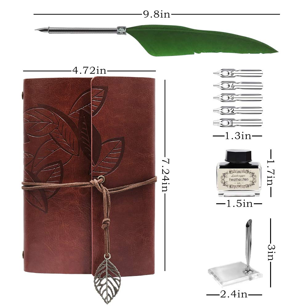 Quill Pen,Natural Handcrafted Calligraphy Pen Set, Antique Dip Luxury Feather Pen and Ink Set with Writing Pen, 5 Replacement Nibs, Pen Nib Base, Notebook, 1 Ink and Gift Box, Green