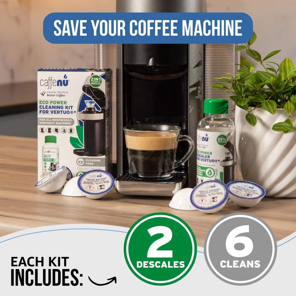 Caffenu Descaling Kit Compatible with Nespresso Vertuo 2 Uses Descaling Solution and 6 Cleaner Pods. Removes Limescale & Cleans Pod Area. Better Tasting & Hotter Coffee. 4 Month Supply.