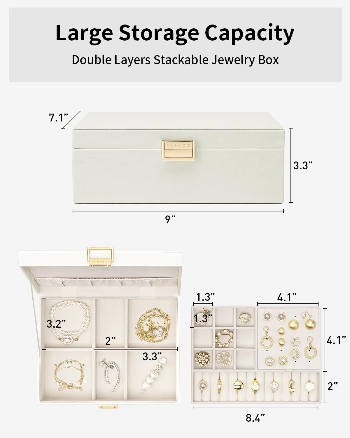 Vlando 2 Layer Jewelry Box Large Jewelry Organizer for Women Removable Jewelery Tray for Necklace Earrings Rings Bracelets Jewelry Boxes for Women Gift (White)