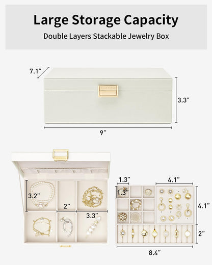 Vlando 2 Layer Jewelry Box Large Jewelry Organizer for Women Removable Jewelery Tray for Necklace Earrings Rings Bracelets Jewelry Boxes for Women Gift (White)