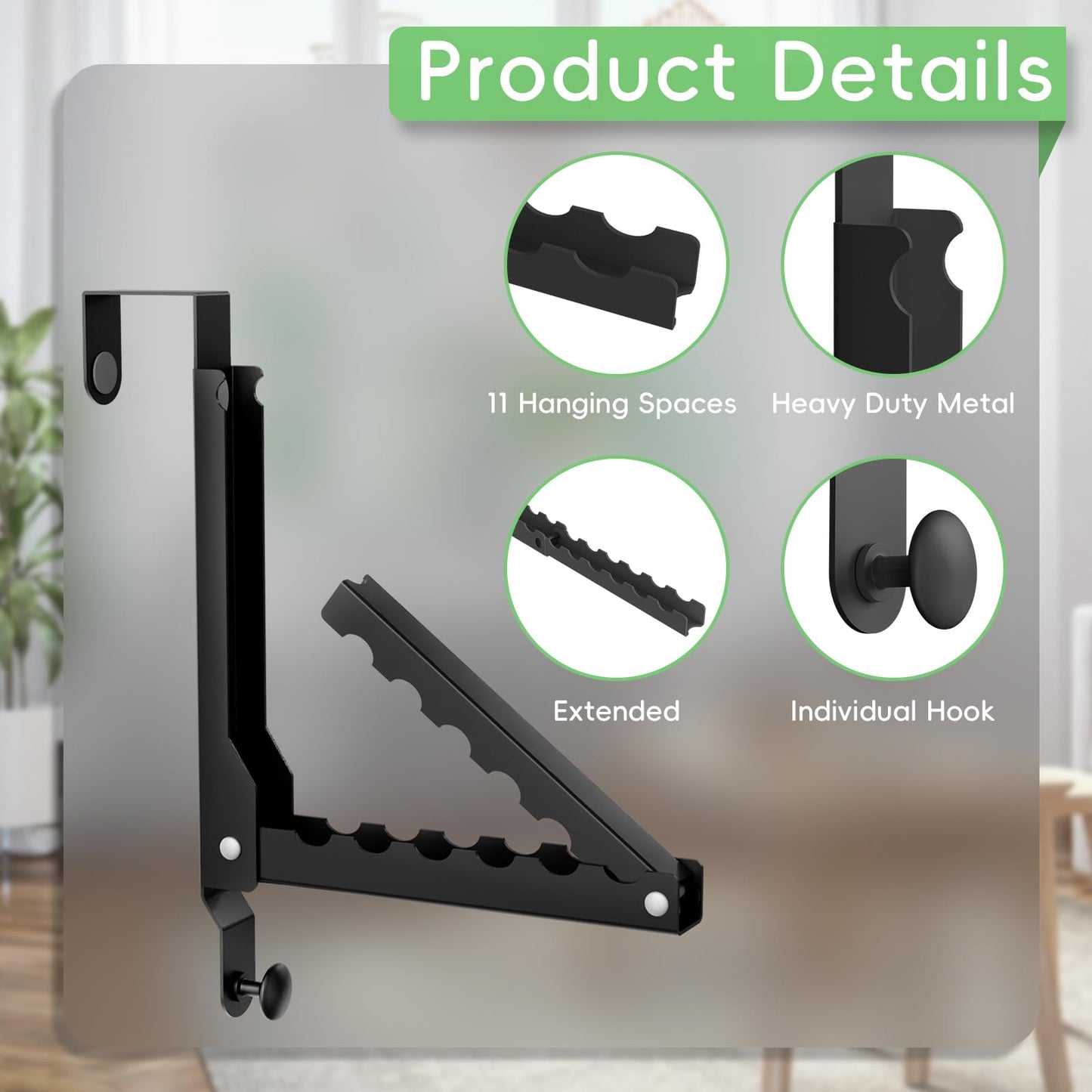 WLCSNG Over The Door Hooks, Extended Over The Door Clothes Hanger with 10 Ridges,Space-Saving Over The Door Rack,Door Hooks for Hanging Clothes,Larger Capacity Over The Door Hanger (1, Black-up)