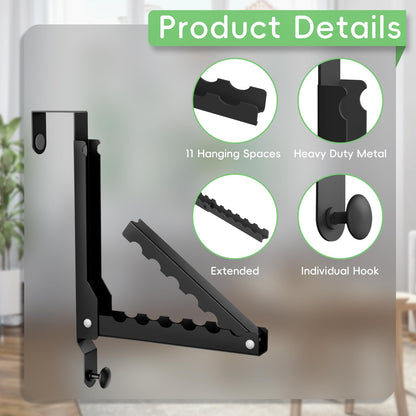 WLCSNG Over The Door Hooks, Extended Over The Door Clothes Hanger with 10 Ridges,Space-Saving Over The Door Rack,Door Hooks for Hanging Clothes,Larger Capacity Over The Door Hanger (1, Black-up)