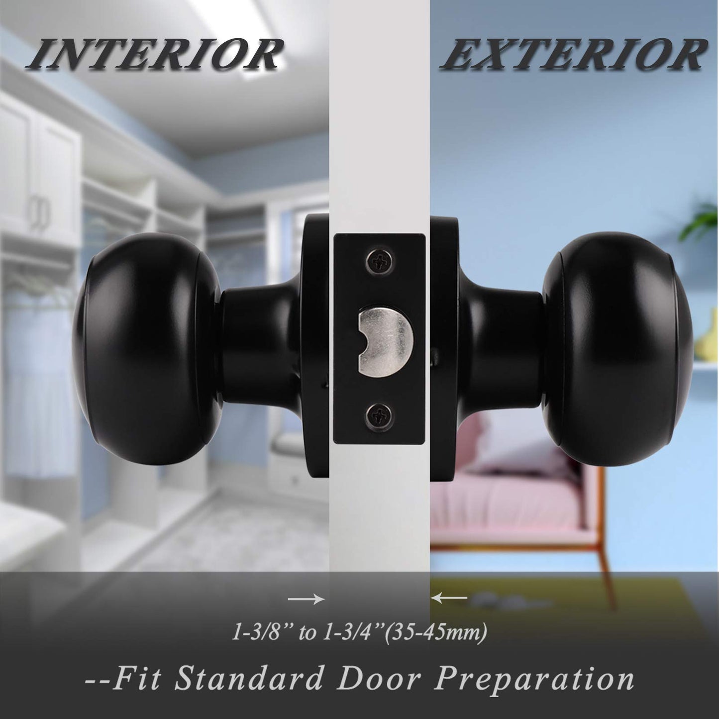 Probrico Black Door Knobs Interior 1 Pack, Interior Passage Keyless Door Knob Set Flat Ball Knob for Hallway or Closet, Matte Black Finish Knob, 1 Pack