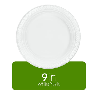 PLASTICPRO 100 PCS White Plastic Round 9 Inch Plastic plates Premium Quality Light Weight Disposable Dishes Dinner Plates for Parties Weddings