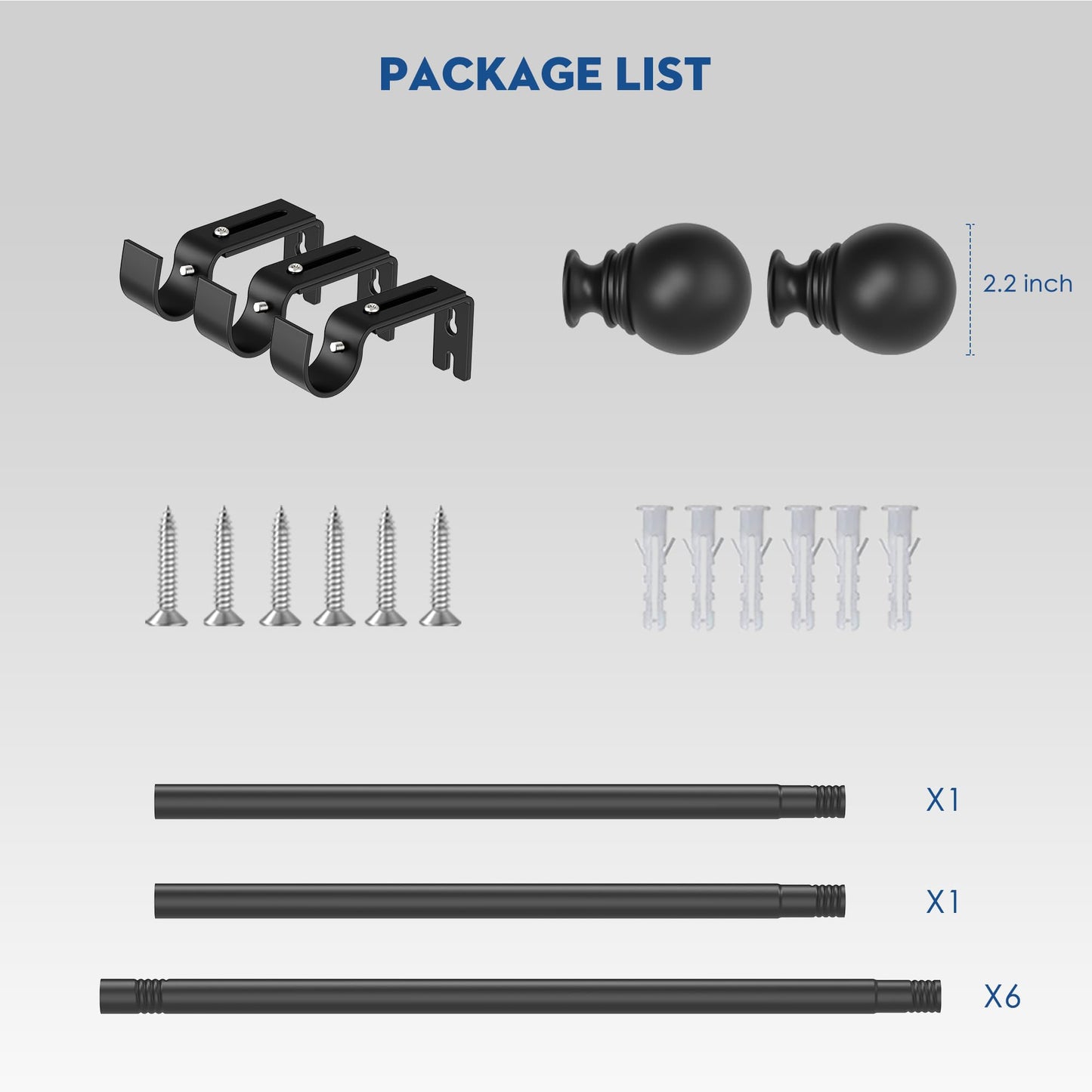 Black Curtain Rod for Windows 66 to 120 inch, Adjustable 1 inch Diameter Heavy Duty Long Curtain Rods with 3 Brackets for Bedroom, Sliding Glass Doors, Outdoor, Patio (168-305 cm)