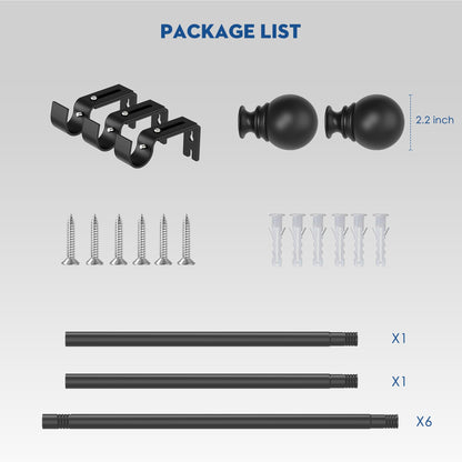 Black Curtain Rod for Windows 66 to 120 inch, Adjustable 1 inch Diameter Heavy Duty Long Curtain Rods with 3 Brackets for Bedroom, Sliding Glass Doors, Outdoor, Patio (168-305 cm)