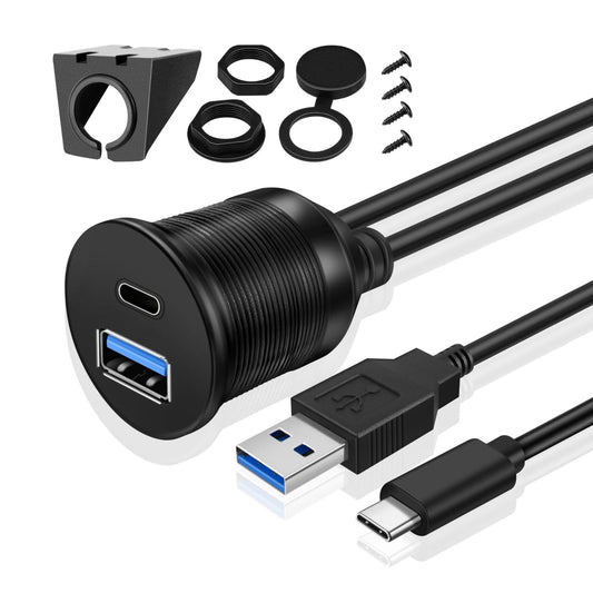 TNP USB C + USB 3.0 Flush Mount Cable, Dual USB Extension Cable 3ft 1M for Car Dashboard with Dash Panel Mount 2 USB Type A + C Male to Female Socket Connector Adapter Cord for Boat Motorcycle Vehicle