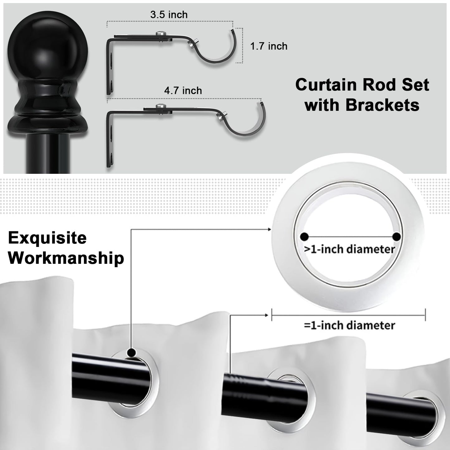 Curtain Rods for windows,1" Diameter Metal Single Adjustable Telescoping Curtain Rod with Finials (Black, 30-90")
