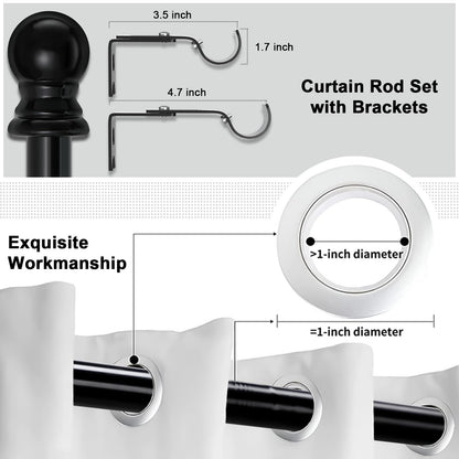 Curtain Rods for windows,1" Diameter Metal Single Adjustable Telescoping Curtain Rod with Finials (Black, 30-90")