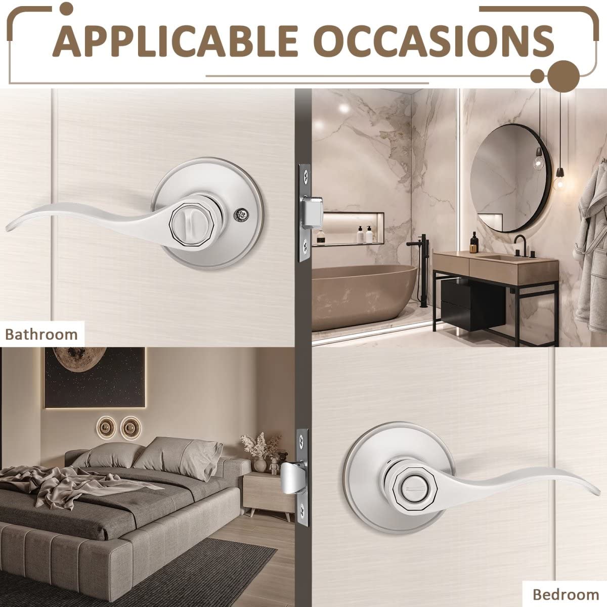 Probrico (1 Pack)Privacy Door Lever[Thumb Turn Lock on The Inside],Locking Door Handle Set for Bedroom & Bathroom Doors,Keyless Satin Nickel Finish Wave Door Lock, Reversible Right & Left Side Handed