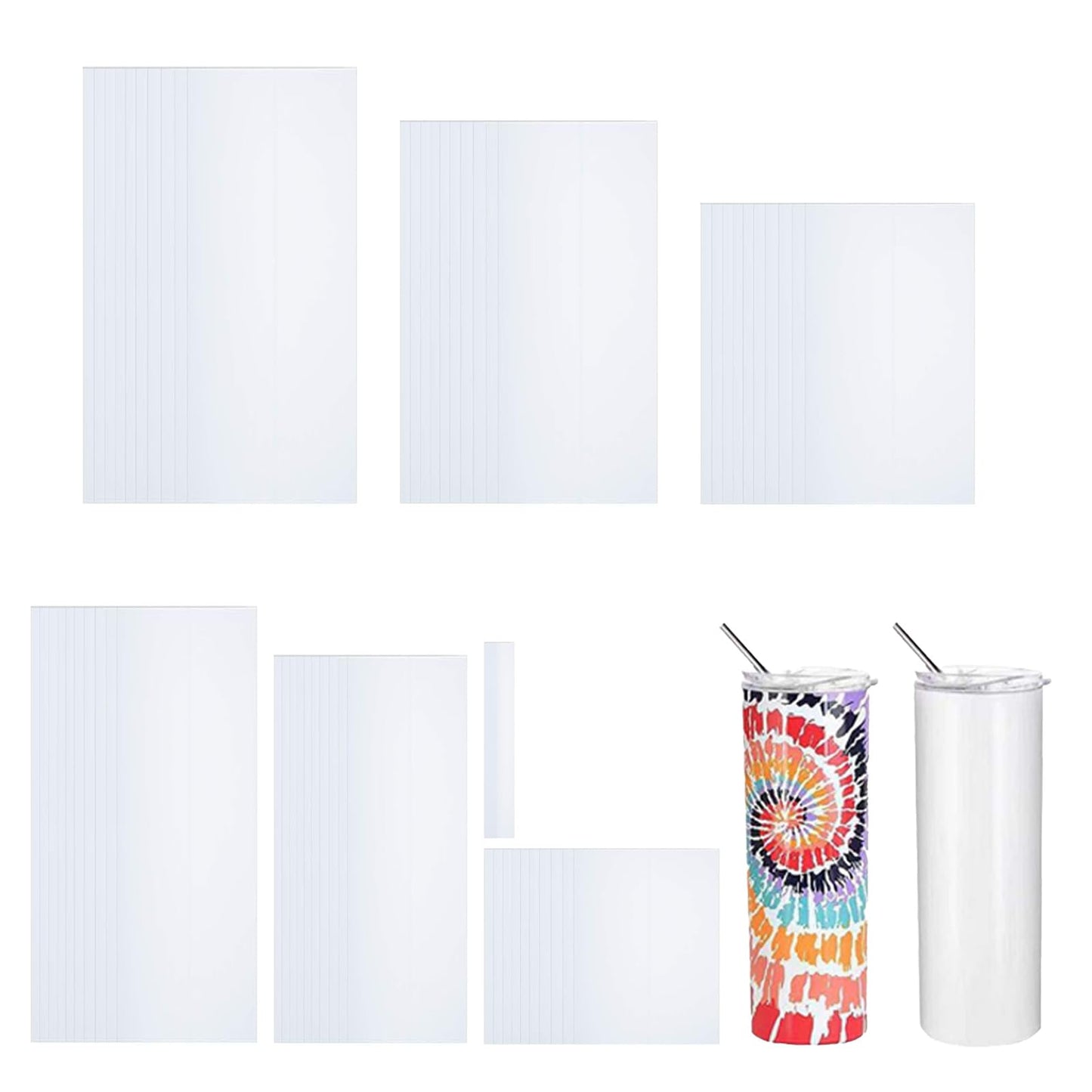 CHEUNGHAO 70 PCS Shrink Wrap Bags for Sublimation – 7 Different Sizes White Sleeves for Tumblers, Mugs, Cups, Bottles,Pen – Durable Shrink Film for Heat Press, DIY Crafts & Customizing