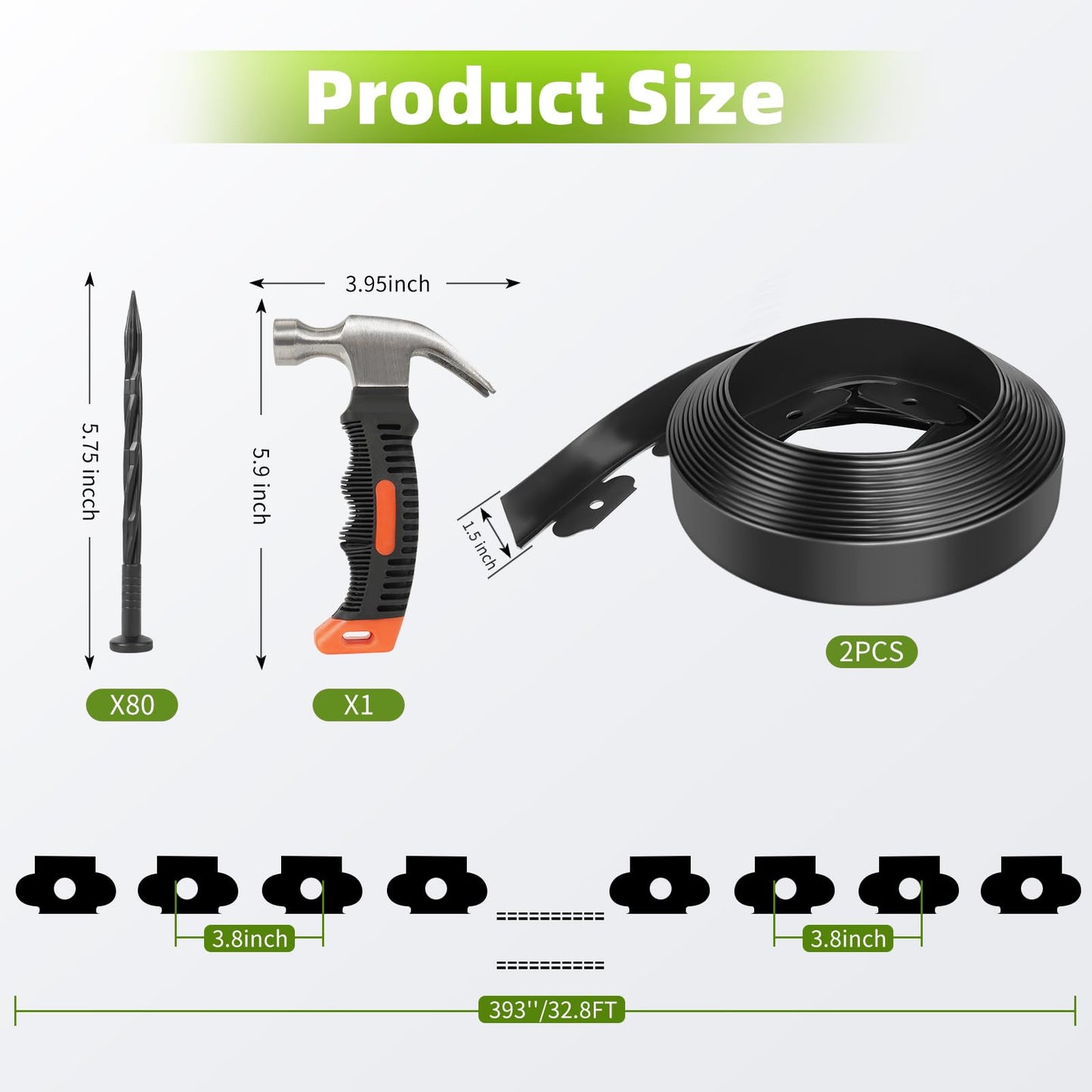 Pruite 33FT Flexible Landscape Edging Kit (2IN Tall) - Black Plastic Garden Borders with 40 Spikes, Lawn Edging for Yard Flowerbeds, Grass & Landscaping